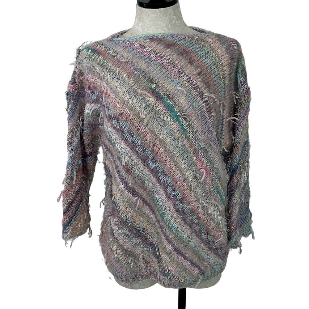 Vintage Womens Pullover Sweater Size Medium Pastel Striped Mixed Knit Handmade - Picture 1 of 13